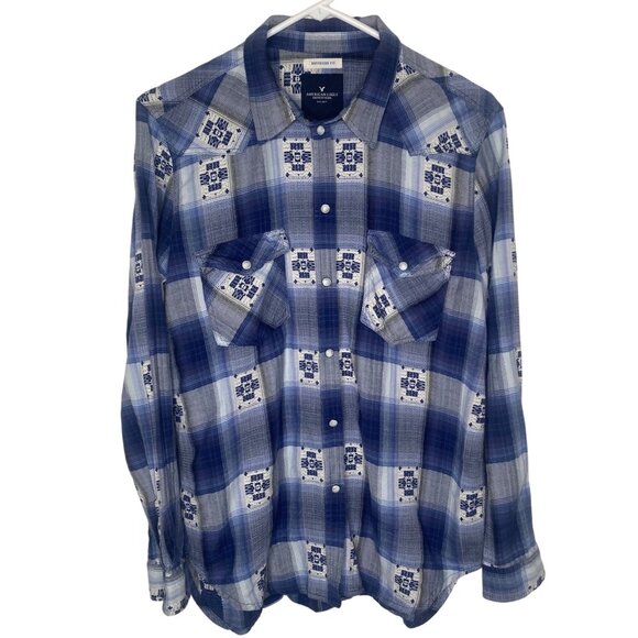 American Eagle Outfitters Snap Button Shirt Womens L Boyfriend Fit Plaid Blue We - Picture 1 of 10